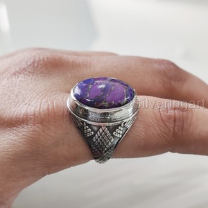 Bague pour homme en argent sterling 925, avec pierre précieuse turquoise cuivrée naturelle, pierre de naissance de décembre, bijou lourd et raffiné - Product Image 3