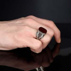 Azuris - Bague pour homme de style ottoman de haute qualité en argent sterling 925, bijoux de mode, pierre naturelle agate de Yamen, fabrication turque - Product Image 3