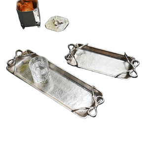 Ensemble de plateaux en aluminium coulé en métal argenté Plateau miroir décoratif arabe rectangulaire de luxe pour le dessert Fruits secs servant des plateaux de rangement - Product Image 2