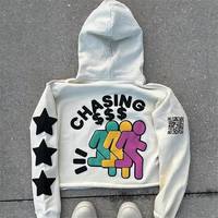Sudadera con Capucha Bordada Estilo Gótico para Hombre, Estilo Urbano Harajuku Retro Hip Hop, Sudadera con Capucha Holgada Informal con Cierre, Ropa Y2K