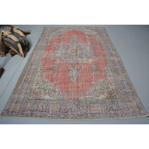 Alfombra turca vintage clásica de 5x8,5 pies, diseño de retazos rojo y azul, Material de lana con respaldo de látex para pasillo, rectángulo, área grande - Product Image 1