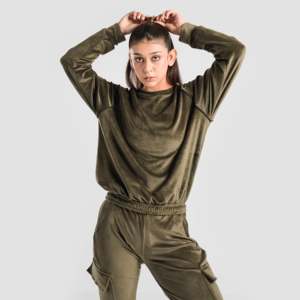 Women's <b>Velour</b> <b>Sweatshirt</b> with Embroidered Hood Streetwear Style Long Length Olive Silk Jacket for Winter - Product Image 4