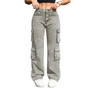 Custom Womens <b>Light</b> Grey Wide Leg Cargo Jeans Mid Regular Fit for Wash Denim Utility Streetwear Pants Everyday 100% Cotton - Product Image 1
