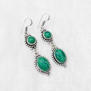 Boucles d'oreilles en malachite multi-pierres, plaquées argent 92,5, boucles d'oreilles pendantes faites à la main, bijoux bohèmes en cristal, boucles d'oreilles en pierres précieuses vertes - Product Image 5