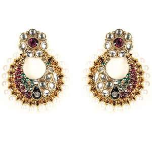 Kriaa Kundan 1300229 Fine Dangle Chandbali <b>Earrings</b> Gold Plated with Stones - Product Image 1