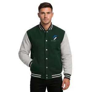 Blouson universitaire unisexe Storm Fit vert avec manches grises, logo brodé, vêtement d'hiver décontracté en laine et cuir, coupe-vent, anti-UV, haute performance - Product Image 1