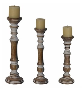 Wooden Candle Holder Antique Design Unique Handmade <b>White</b> Wash Finishing Set of 3 Decorative Lighting for Home Hotel & Office - Product Image 1