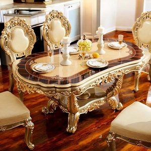 Ensemble de table à manger moderne du milieu du siècle de luxe pour 6 personnes, en bois d'acajou artisanal, avec des sculptures en feuille d'or royal, chaises élégantes pour hôtel - Product Image 2