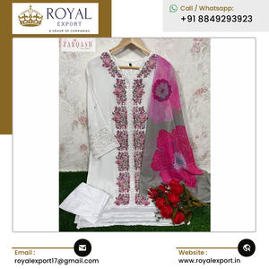 Tunique de créateur élégante de haute qualité Broderie lourde et motif élégant dans les manches avec col attrayant et pantalon fantaisie - Product Image 4