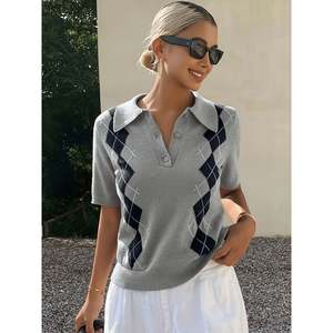 Suéter de Punto con Cuello Redondo y Estampado Argyle para Mujer, Top Transpirable a la Moda - Product Image 1