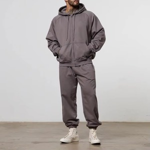 Custom Logo Mens 2-Piece <b>Hooded</b> Sweatpants Oversized <b>Zip</b> Hoodie Set Blank Plain Cotton Polyester Fleece Heavy Comfortable - Product Image 1