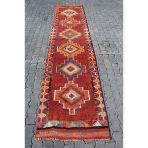 Vintage <b>Runner</b> Rug 2.6x11.6 ft, <b>Red</b> Solid Turkish Wool Rug - Product Image 1