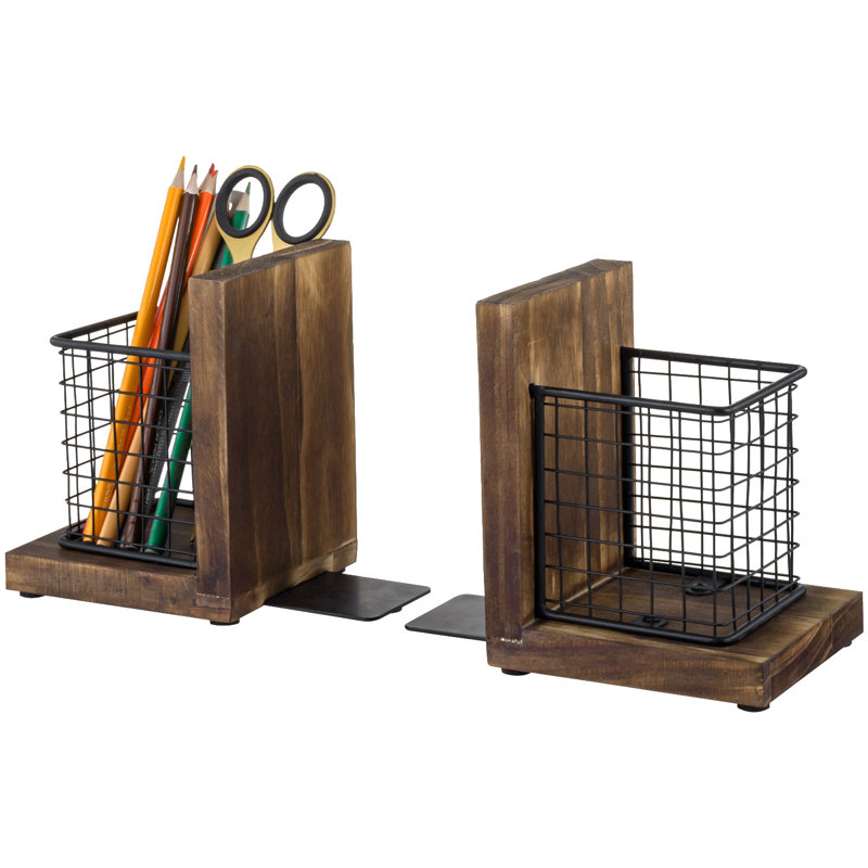 Modern 2025 Wooden and Metal Bookends Decorative Pair for Bookshelf Organizer with Attached Pen Pencil Sketch Holder