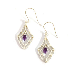 Boucles d'oreilles pendantes géométriques vintage plaquées or 18 carats avec améthyste et diamant, clous en or rose 5,8 grammes, perle plaquée or rose 5,8 grammes - Product Image 1