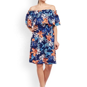 Casual All-Over <b>Pattern</b> Flounce <b>Dress</b> Shoulder Neckline Smocked Waist Ruffle Trim Plus Size Viscose ODM Fashion Knee-Length - Product Image 1