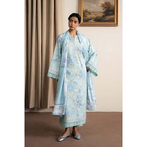 Ensemble chemise brodée et dupatta en soie satinée imprimée avec pantalon en tissu lawn imprimé AYZEL-BIC-043 - Product Image 1