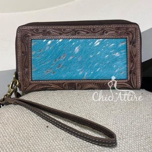 กระเป๋าสตางค์ผู้หญิงแบบมีซิปทำจากหนังแท้สไตล์ตะวันตกที่ใส่บัตรของผู้หญิงทำจากหนังแท้ทำจากโลหะมีซิปกระเป๋าคลัทช์ลายดอกไม้ - Product Image 1