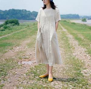 Robe ample décontractée d'été pour femmes lin naturel avec poches tissées vêtements grande taille Options de grande taille disponibles - Product Image 1