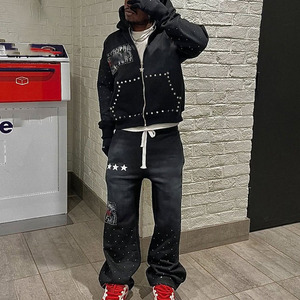 ชุดวอร์มผ้าฝ้ายสำหรับผู้ชายชุดสตรีทแบบย้อนยุคมี2ชิ้นพิมพ์ลายโลโก้ตามสั่ง100% - Product Image 3