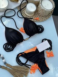 Ensemble de maillots de bain 2 pièces pour femme 2025, dos nu, en corde tressée, avec appliques en dentelle et strass, à pampilles, sexy et luxueux, pour la plage - Product Image 5