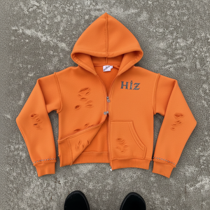 Sweat à capuche zippé personnalisé OEM, épais, déchiré, avec graphique en strass, effet vieilli, style streetwear - Product Image 3