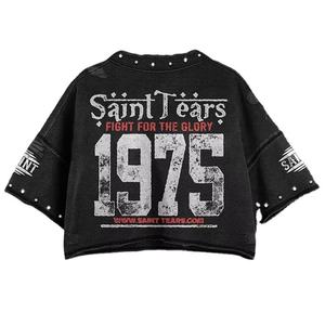 T-shirt Boxy Vintage Personnalisé pour Homme avec Strass, Style Streetwear, Coupe Courte, Effet Vieilli, Anti-Boulochage, Manches Courtes et Design Audacieux - Product Image 3