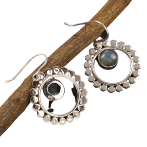 Pendientes de piedras preciosas de labradorita, pendientes redondos de plata de ley sólida 925 para mujeres y niñas, Pendientes colgantes de plata - Product Image 4