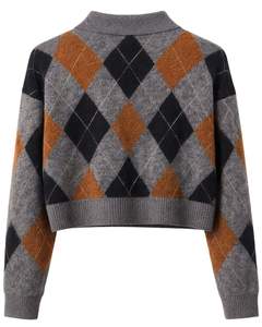 Pull Polo Court en Tricot Argyle Gris Brun Personnalisé pour Femmes Manches Longues Patte de Boutonnage Doux Hiver Casual Mode Haut OEM - Product Image 2