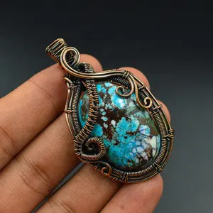 Blue Turquoise Copper Wire Wrapped Pendant Fashion Jewelry Designer Gift for Her Gift for Mother