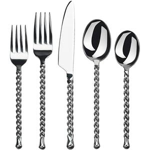 Salle à manger raffinée 5 pcs couverts en acier inoxydable avec poignées en spirale dans un élégant style américain ton argent - Product Image 1