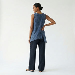 Breathable Vintage Woven Asymmetrical V-<b>Neck</b> Tank <b>Top</b> with Pointed Collar - Product Image 2