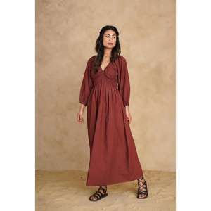 ชุดเดรสผู้หญิงสีน้ำตาล คอวี แขนสั้น ยาวคลุมเท้า ผ้าถักนิตติ้ง ผ้าฝ้าย เอวธรรมชาติ สไตล์ลำลอง สำหรับฤดูร้อนและรีสอร์ท - Product Image 2