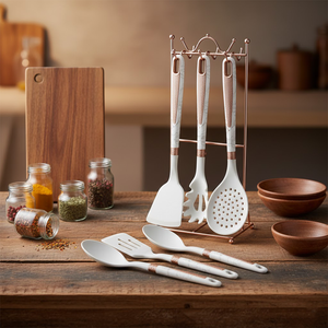 7-PCs Imported <b>Silicone</b> Kitchen Utensil Set White Golden Handle Spoon Heat Resistant Cooking <b>Tool</b> Made with PC and Nylon - Product Image 1