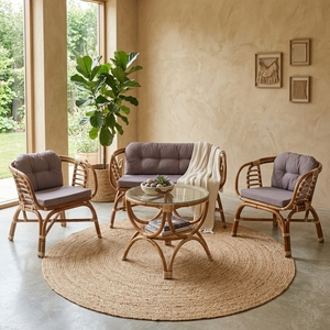 New Modern Minimalist Nemmy Natural Rattan Living Set 2 Armchairs 2 Seater <b>Sofa</b> Glass Top Coffee Table Patio Furniture <b>Suite</b> - Product Image 4