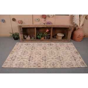 Alfombra de lana turca Vintage de 3,6x6,6 pies, tejido plano de retazos beige y marrón para decoraciones de sala de estar con respaldo de látex - Product Image 4