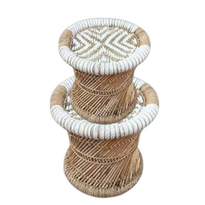 Set 2 Boho Bone Inlay Console <b>Stool</b> Handwoven Natural Bamboo Wicker Ottoman Pouffe Traditional Bedroom Apartment Furniture Soft - Product Image 5