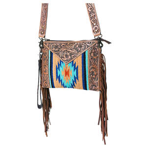 Sac à bandoulière en cuir de Bohème fait main pour femmes Western Fringe Aztec Pattern Vintage Tooled Leather Flap Cover Spring Summer - Product Image 1