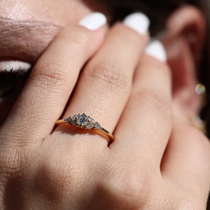 6mm Round Cut <b>CZ</b> Engagement <b>Ring</b> with Cluster Side Stones Gold Tone Band Dainty Bridal <b>Ring</b> - Product Image 2