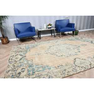 Alfombra Vintage, Alfombra Turca Grande de 6.4x10.1 pies, Alfombra con Bordes Azules y Blancos - Product Image 3