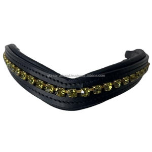 Banda para cejas de caballo de cuero negro, banda para cejas de caballo de cuero acolchado de canal vacío con banda para cejas en forma de V Diamante verde roble Oliva - Product Image 1