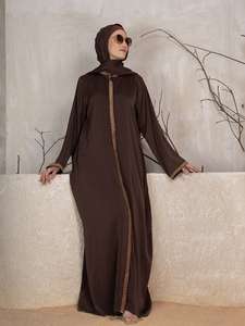Nouveau Vente en Gros Abaya Islamique Vêtements Femmes OEM ODM Personnaliser Couleur Marron 100% Tissu Polyester Brodé à Manches Longues Abaya - Product Image 6