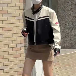 แจ็กเก็ตหนังรถจักรยานยนต์แบบสั้นสำหรับผู้หญิงเสื้อแฟชั่นสีดำสีขาวแบบใหม่ฤดูใบไม้ผลิฤดูใบไม้ร่วง - Product Image 2