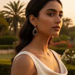 Boucles d'oreilles en argent 925 plaqué or 18 carats avec quartz fumé en forme de larme pour femmes, pour mariages, fêtes, boucles d'oreilles pendantes avec perles et diamants - Product Image 1