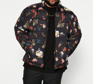 Chaqueta Acolchada Negra para Hombre de Talla Grande con Estampado Floral Multicolor Vibrante, Cierre Completo, Bolsillos Laterales, 100% Poliéster - Product Image 4