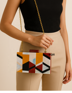 Pochette de soirée de luxe faite à la main en bois et résine, durable et écologique, avec incrustation géométrique, sac à bandoulière avec chaîne, logo personnalisé - Product Image 5