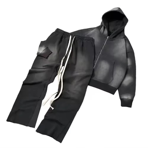 Ensemble deux pièces délavé à l'acide pour hommes, sweat à capuche zippé délavé au soleil, pantalon de survêtement à jambes larges, mode streetwear vintage - Product Image 1