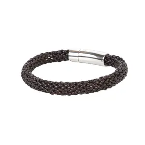 All Black Leather Bracelet Round Black Leather Cord Stainless Steel Magnetic Clasp