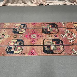 3.3x8.8 ft Rug, Vintage Turkish Rug, <b>Red</b> Blue Bordered <b>Wool</b> Rug - Product Image 5