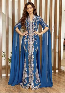 Hermoso trabajo de bordado en vestido caftán azul con mangas largas cuentas de cristal adornadas, piedra, secuencia, trabajo dabka @ 2024 - Product Image 2