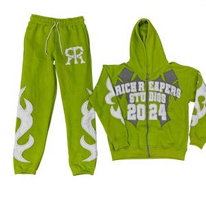 Conjunto de Sudadera con Capucha y Pantalones de Chándal Unisex Personalizado con Cremallera, Bordado de Retazos Desgastados, Estampado Ácido, Tallas Grandes para Hombre - Product Image 1